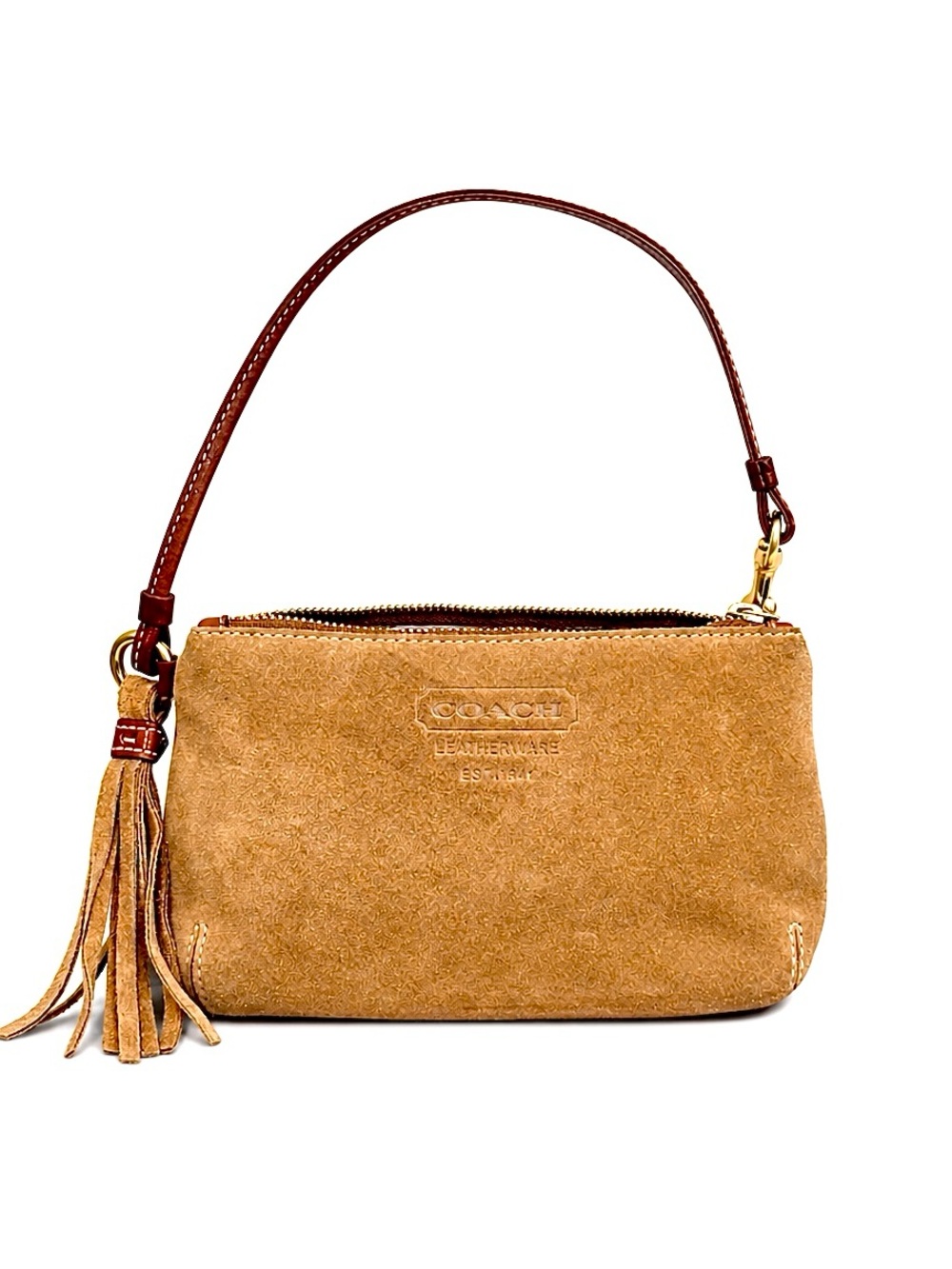 Coach Tan Suede Wristlet Clutch with Brown Leather Strap